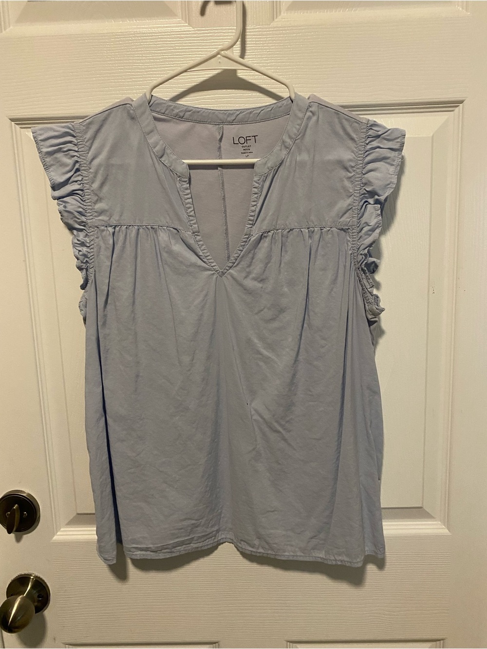 LOFT Pale Blue Ruffle Sleeve Split-Neck Blouse